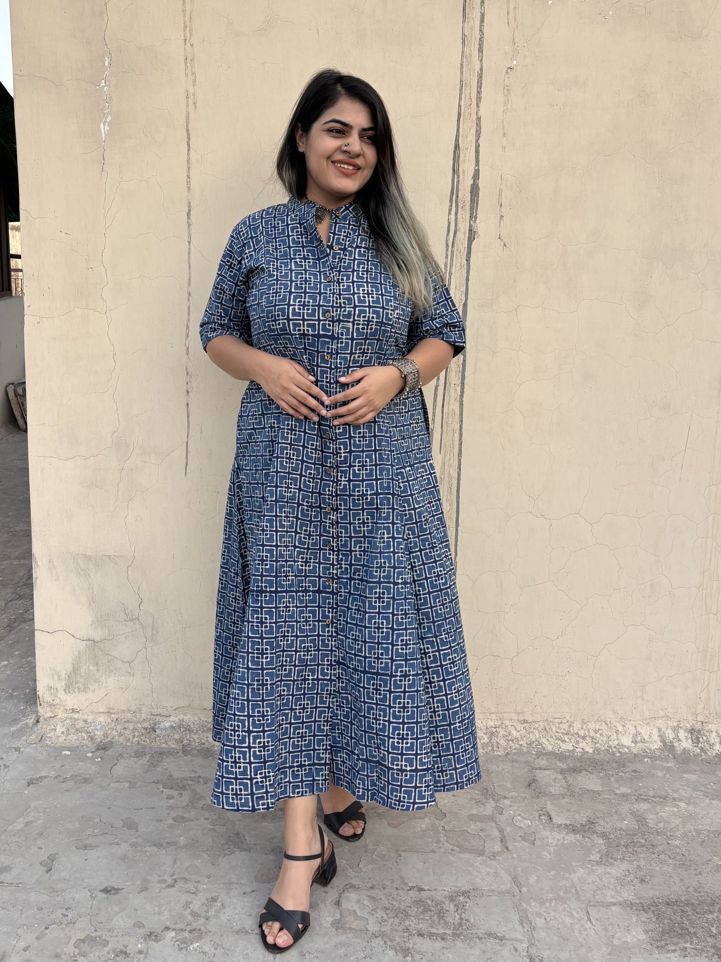 Neel Handblock Printed A Line Maxi Shirt Dress