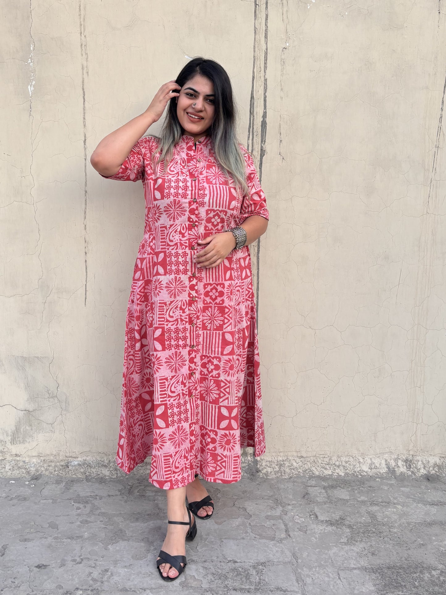 Pink Tiles Hand Block Printed A Line Maxi Shirt Dress