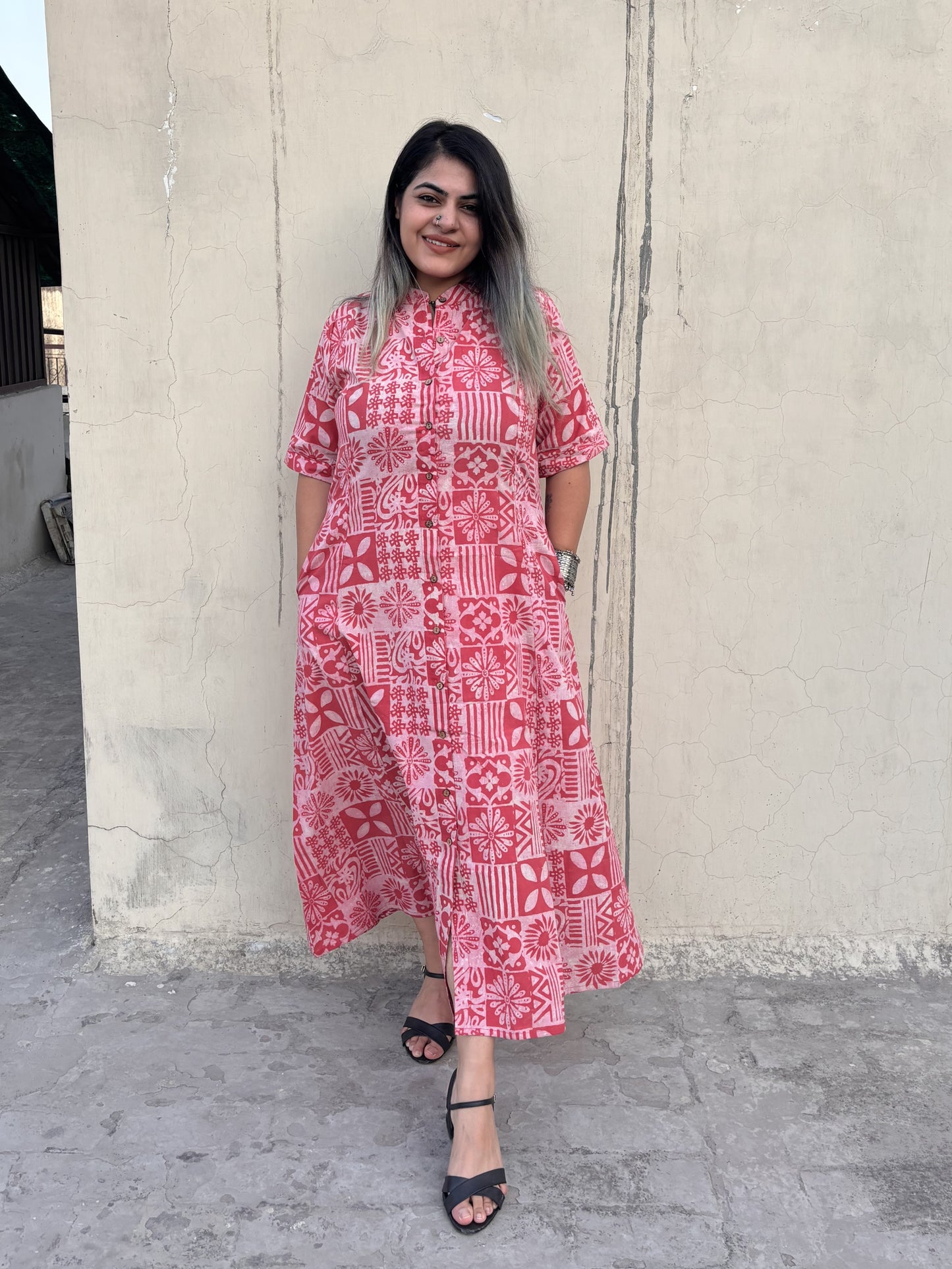 Pink Tiles Hand Block Printed A Line Maxi Shirt Dress