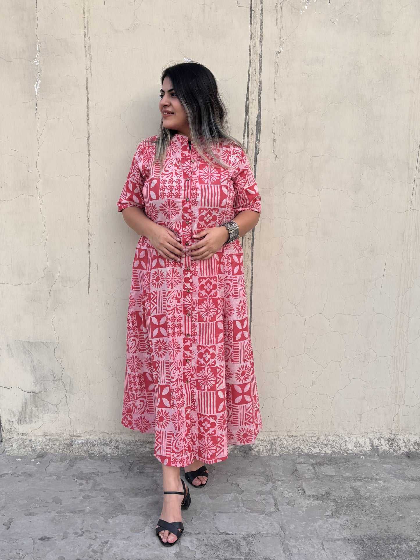 Pink Tiles Hand Block Printed A Line Maxi Shirt Dress