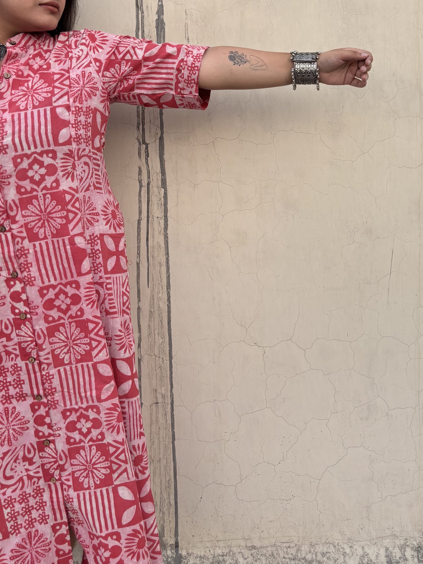 Pink Tiles Hand Block Printed A Line Maxi Shirt Dress