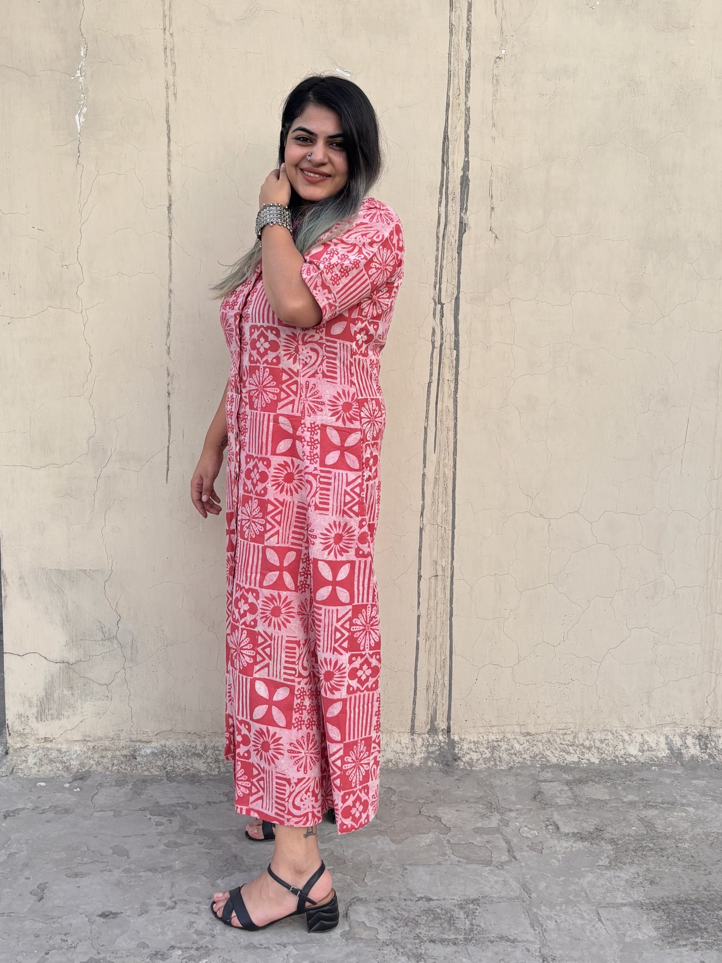 Pink Tiles Hand Block Printed A Line Maxi Shirt Dress