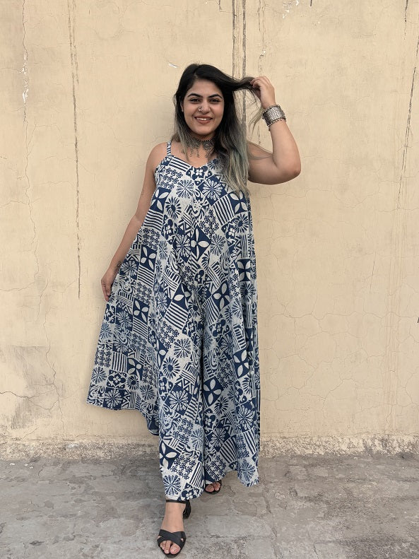 Indigo Tiles Hand Block Printed Floral Flared Jumpsuit