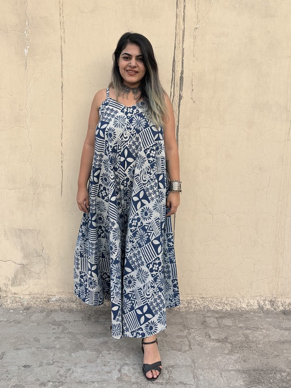 Indigo Tiles Hand Block Printed Floral Flared Jumpsuit