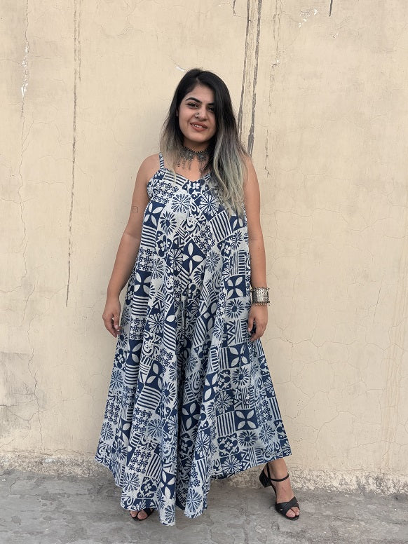 Indigo Tiles Hand Block Printed Floral Flared Jumpsuit