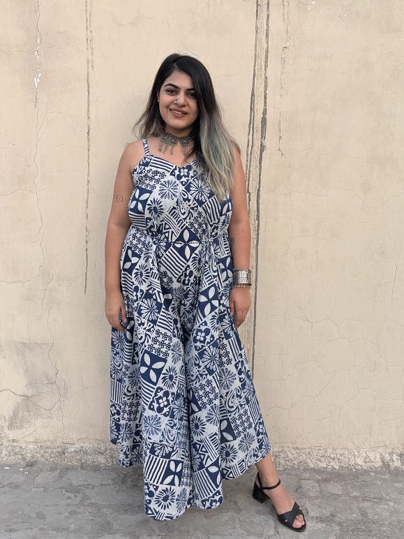 Indigo Tiles Hand Block Printed Floral Flared Jumpsuit