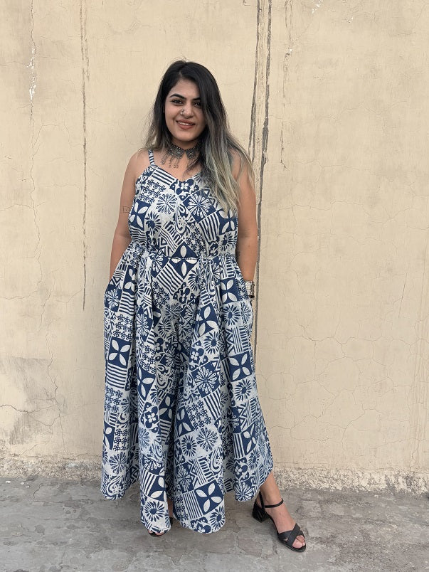 Indigo Tiles Hand Block Printed Floral Flared Jumpsuit