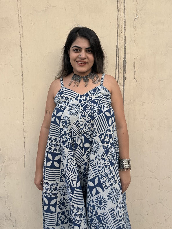 Indigo Tiles Hand Block Printed Floral Flared Jumpsuit