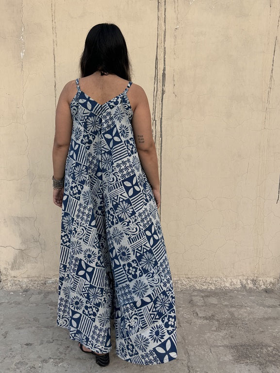 Indigo Tiles Hand Block Printed Floral Flared Jumpsuit