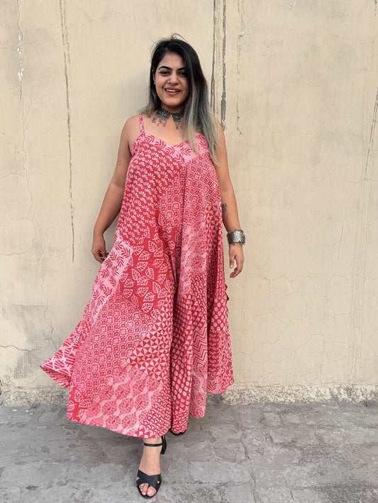 Pink Patch Hand Block Printed Floral Flared Jumpsuit