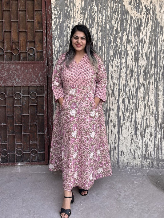 Jamun Hand Block Printed A Line Maxi Patch Dress