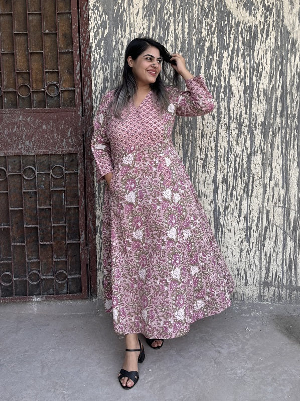 Jamun Hand Block Printed A Line Maxi Patch Dress