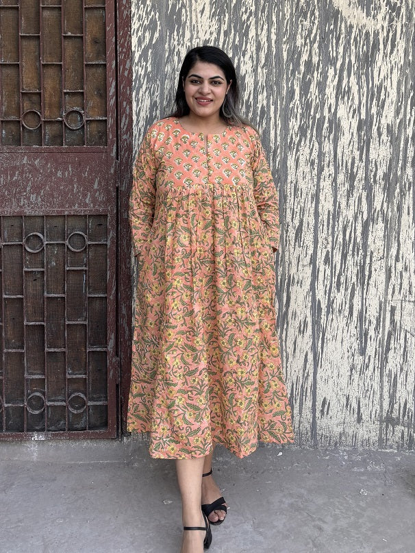 Salmon Hand Block Printed Midi Dress with Gathers