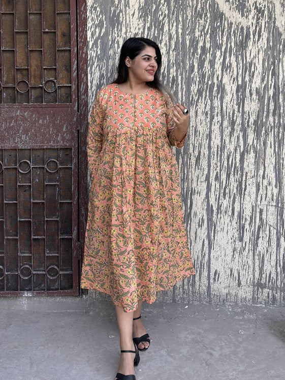 Salmon Hand Block Printed Midi Dress with Gathers