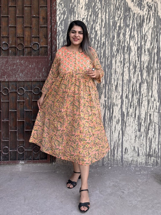 Salmon Hand Block Printed Midi Dress with Gathers