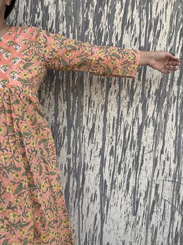 Salmon Hand Block Printed Midi Dress with Gathers