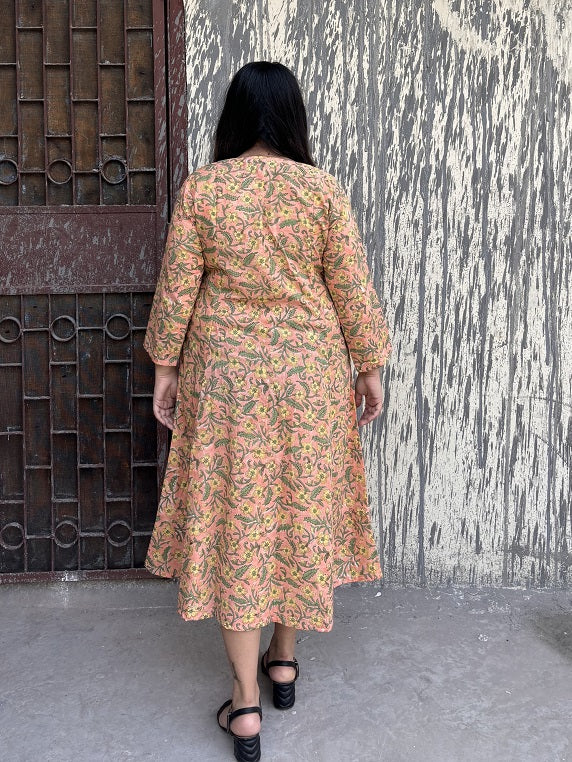 Salmon Hand Block Printed Midi Dress with Gathers