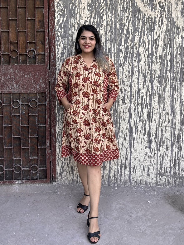 Chocolate Cosmos Hand Block Printed Patch Shift Dress