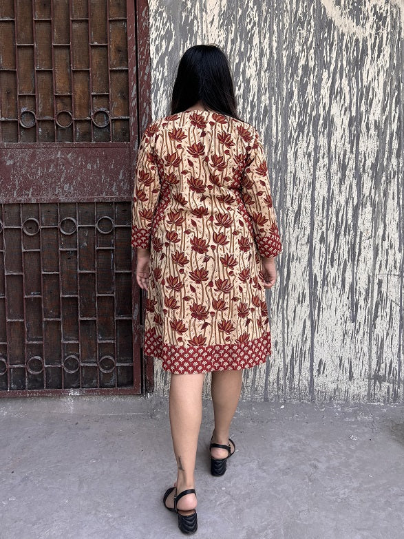 Chocolate Cosmos Hand Block Printed Patch Shift Dress