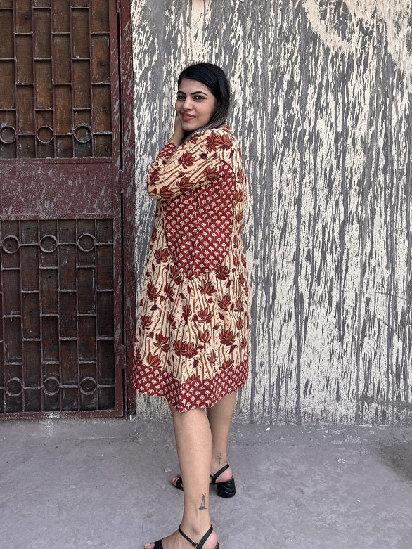 Chocolate Cosmos Hand Block Printed Patch Shift Dress