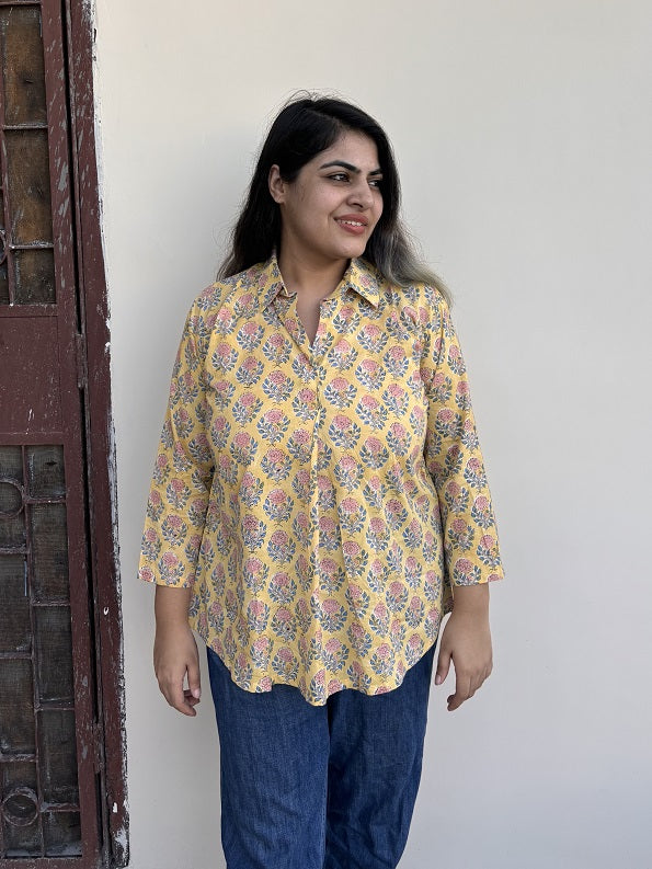 Yellow Pink Floral A Line Relaxed Fit Collar Top