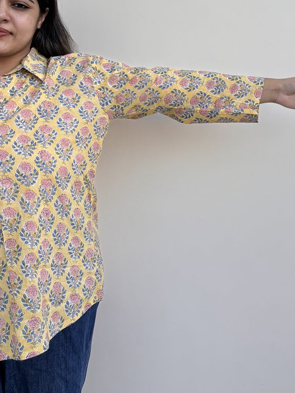 Yellow Pink Floral A Line Relaxed Fit Collar Top