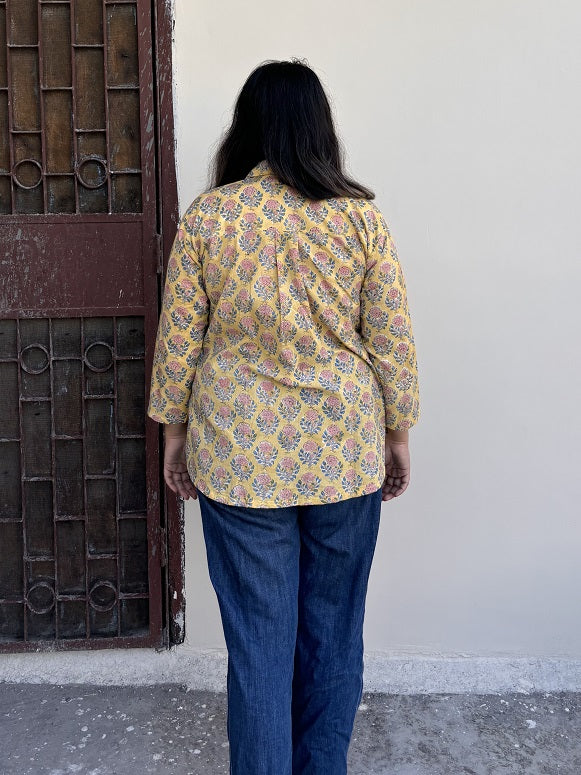 Yellow Pink Floral A Line Relaxed Fit Collar Top