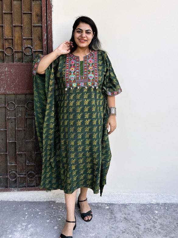 Green Ajrakh Hand Embroidered Patch Kaftan