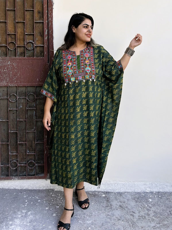 Green Ajrakh Hand Embroidered Patch Kaftan