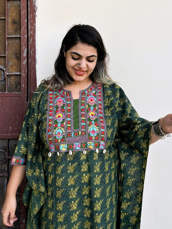 Green Ajrakh Hand Embroidered Patch Kaftan