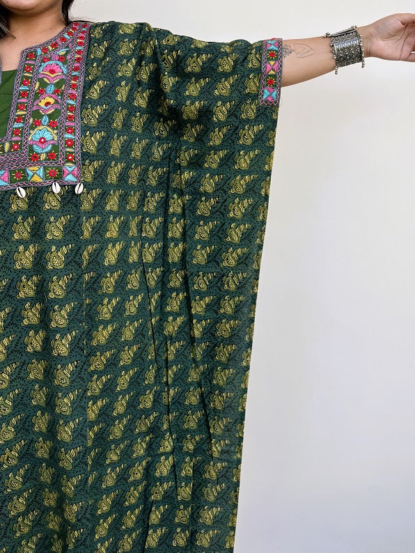 Green Ajrakh Hand Embroidered Patch Kaftan