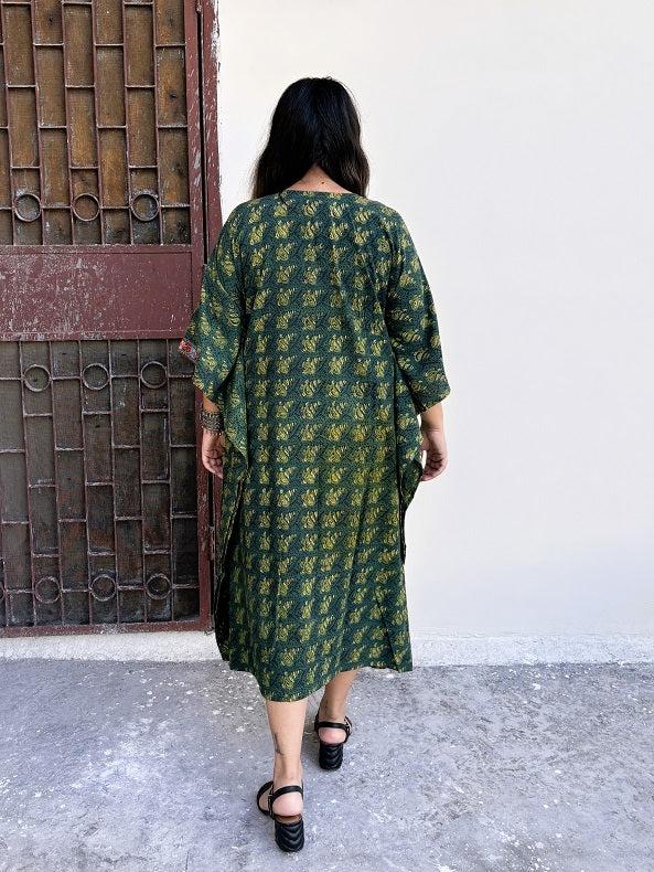 Green Ajrakh Hand Embroidered Patch Kaftan