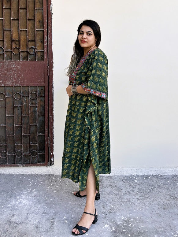 Green Ajrakh Hand Embroidered Patch Kaftan