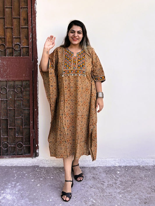 Kashish Orange Ajrakh Hand Embroidered Patch Kaftan