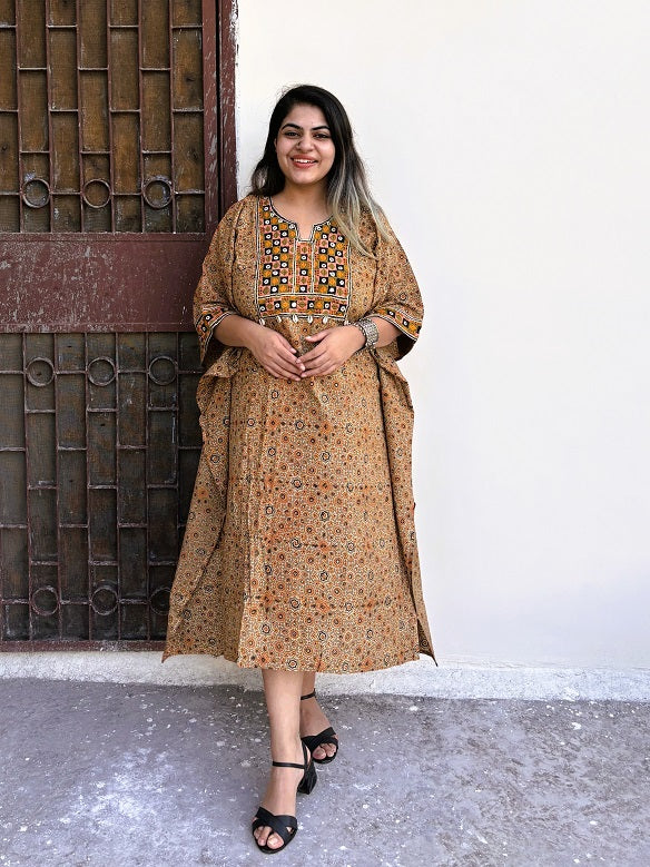 Kashish Orange Ajrakh Hand Embroidered Patch Kaftan