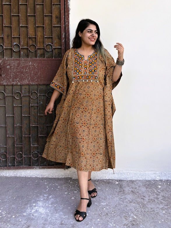 Kashish Orange Ajrakh Hand Embroidered Patch Kaftan