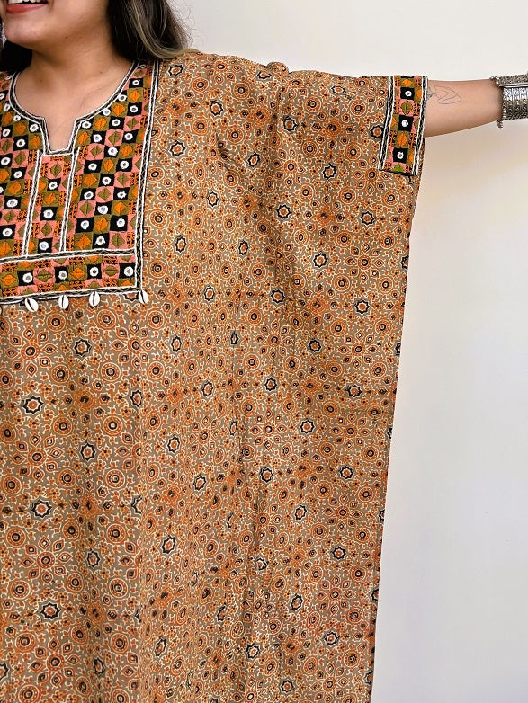 Kashish Orange Ajrakh Hand Embroidered Patch Kaftan