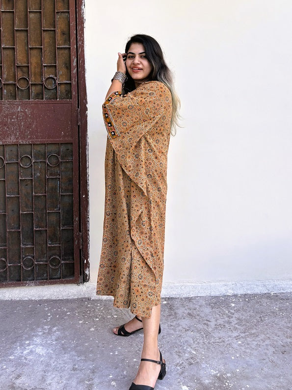 Kashish Orange Ajrakh Hand Embroidered Patch Kaftan