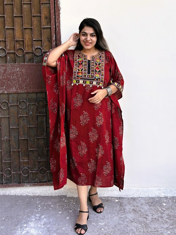 Red Ajrakh Hand Embroidered Patch Kaftan