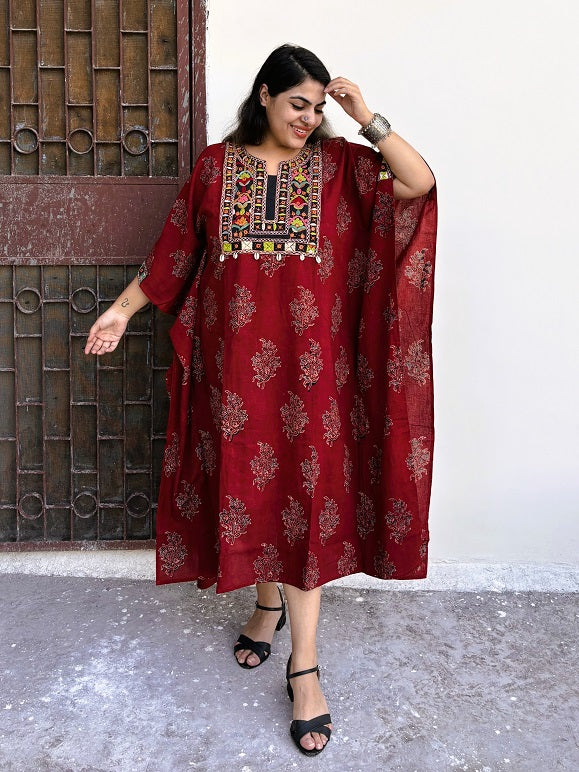 Red Ajrakh Hand Embroidered Patch Kaftan