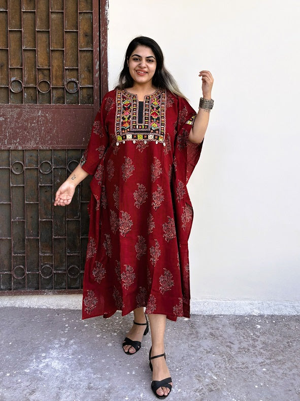 Red Ajrakh Hand Embroidered Patch Kaftan