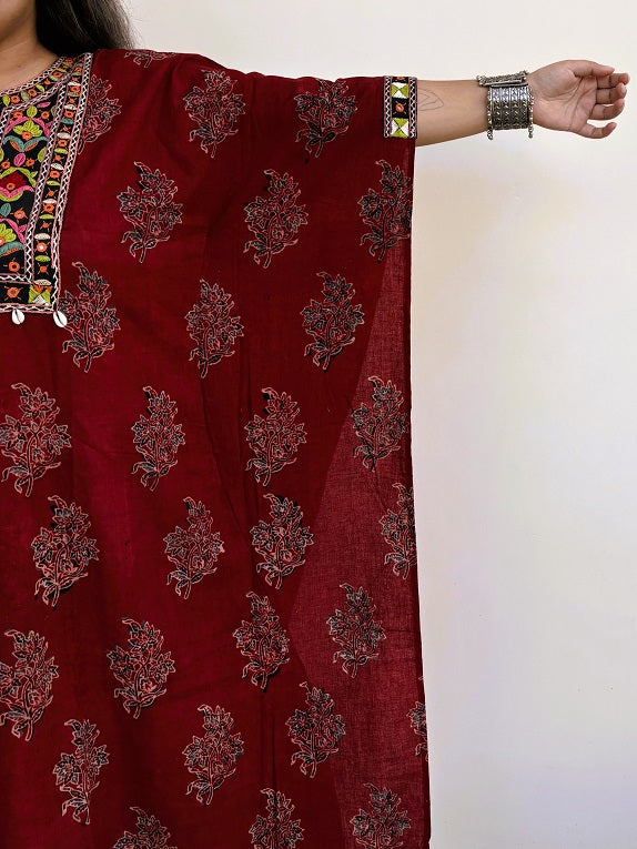 Red Ajrakh Hand Embroidered Patch Kaftan