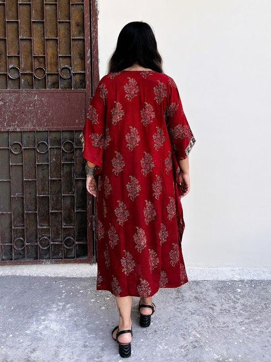 Red Ajrakh Hand Embroidered Patch Kaftan