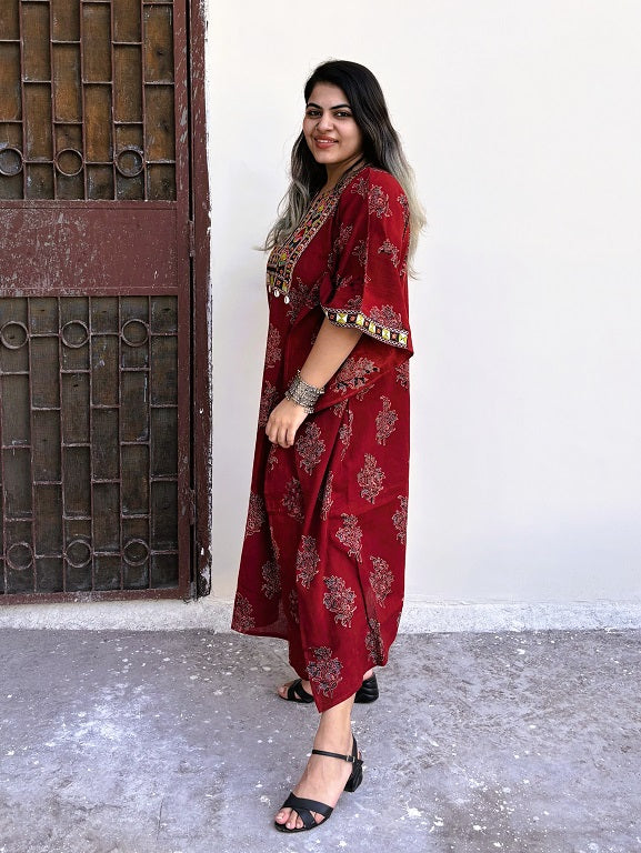 Red Ajrakh Hand Embroidered Patch Kaftan