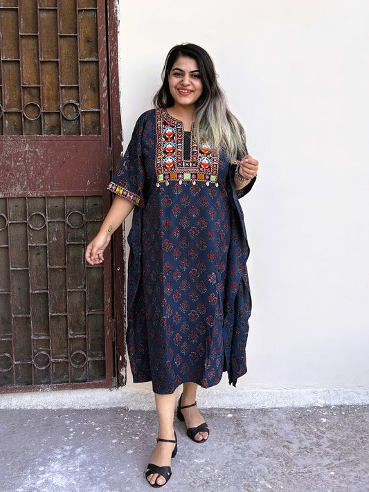 Indigo Ajrakh Hand Embroidered Patch Kaftan