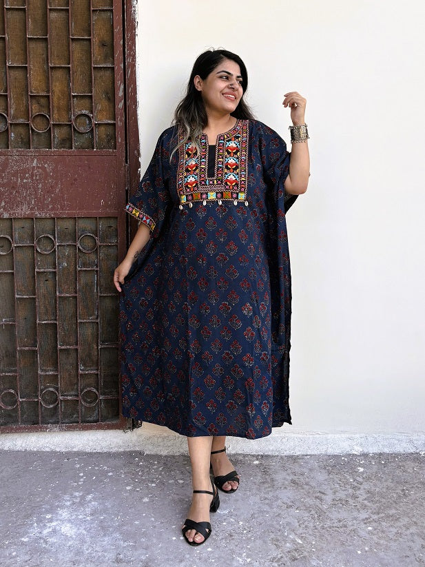 Indigo Ajrakh Hand Embroidered Patch Kaftan