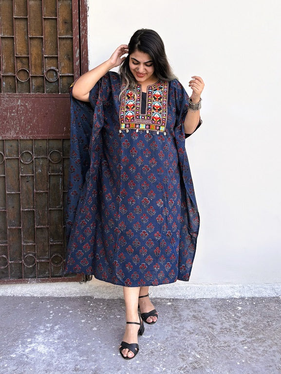 Indigo Ajrakh Hand Embroidered Patch Kaftan