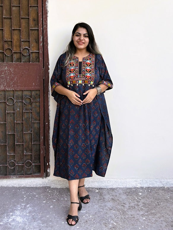 Indigo Ajrakh Hand Embroidered Patch Kaftan