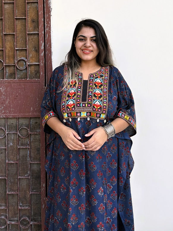 Indigo Ajrakh Hand Embroidered Patch Kaftan