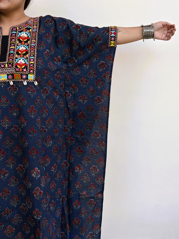 Indigo Ajrakh Hand Embroidered Patch Kaftan